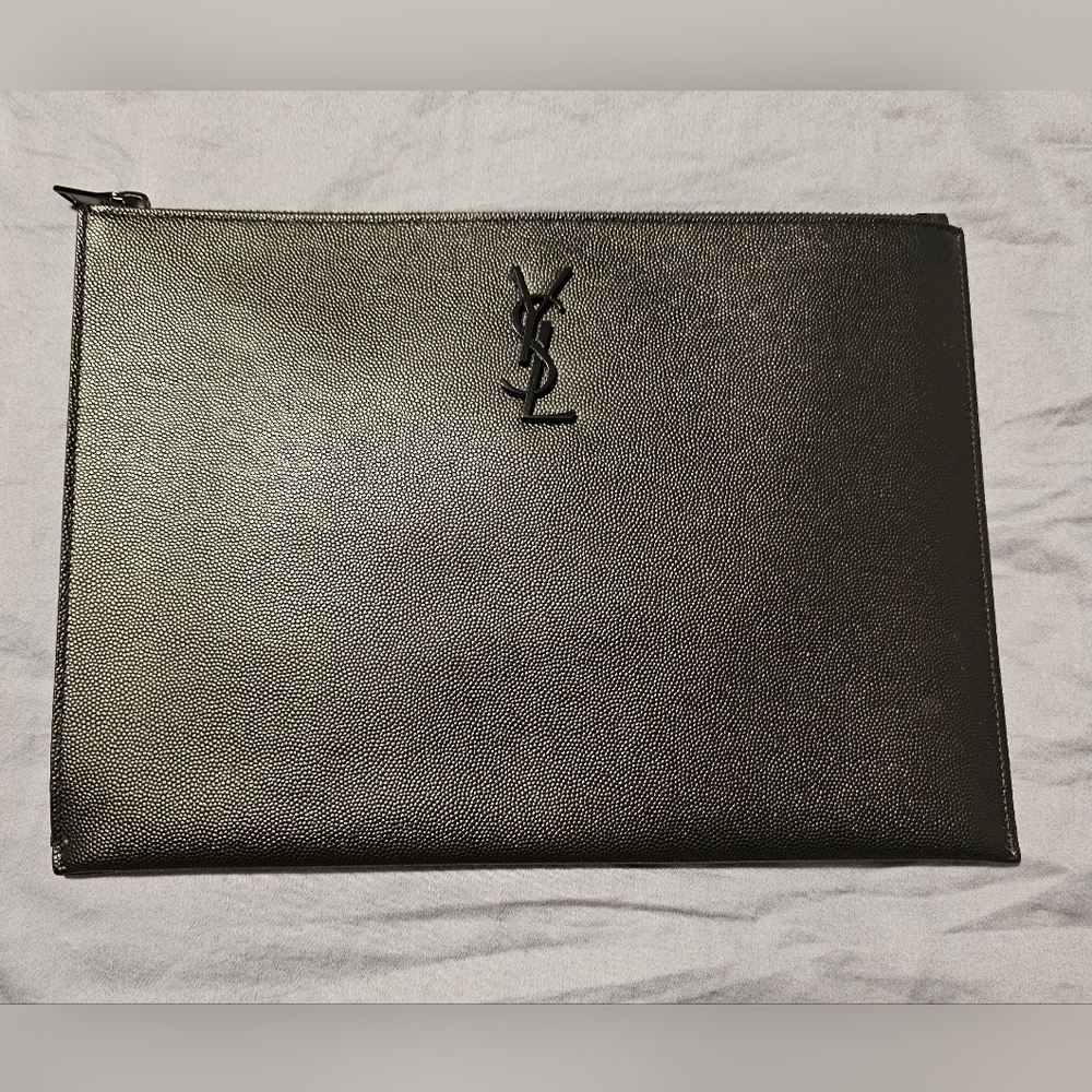 NWOT - Saint Laurent YSL Logo Zip Pouch Bag, Black Grain Leather